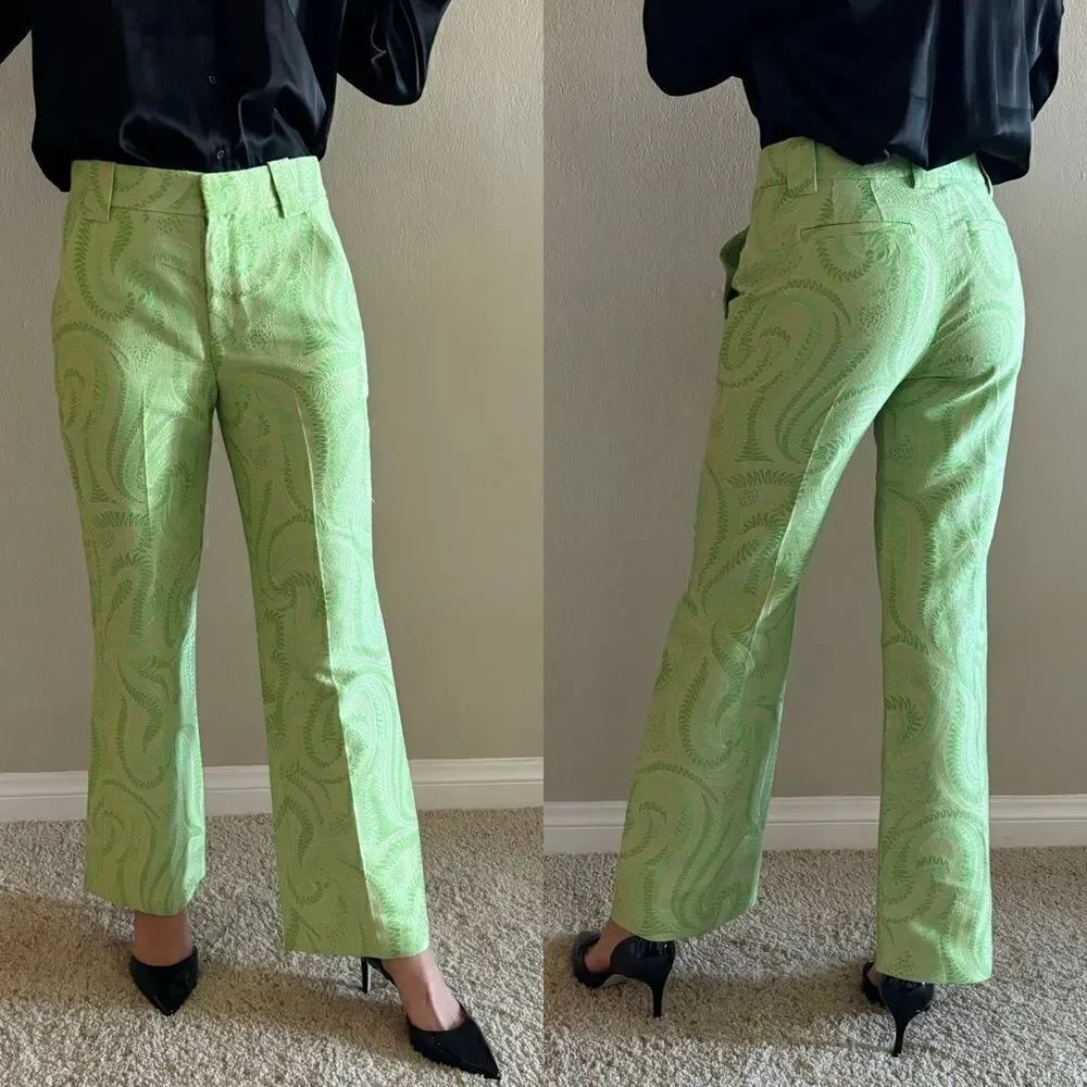 Rare A.L.C. Green Dress Pants Mid Waist Straight Leg Patterned Size S